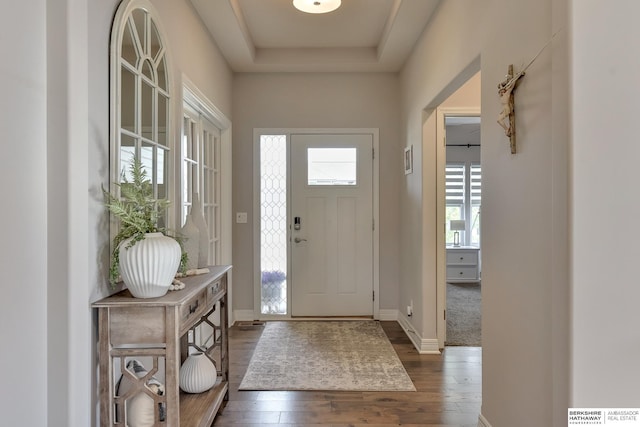 foyer entrance with baseboards, a tray ceiling, and dark wood-style flooring