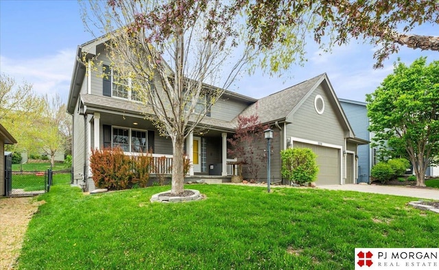 view of front of home with a porch, a front lawn, a gate, concrete driveway, and an attached garage