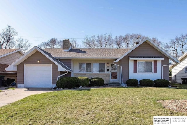 view of front of property with a chimney, a front yard, an attached garage, concrete driveway, and stone siding