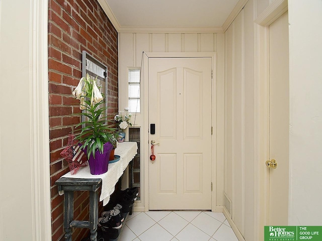 600 Ridgewood Ave, Omaha, NE 68114 - interior space featuring light tile patterned floors, crown molding, and brick wall
