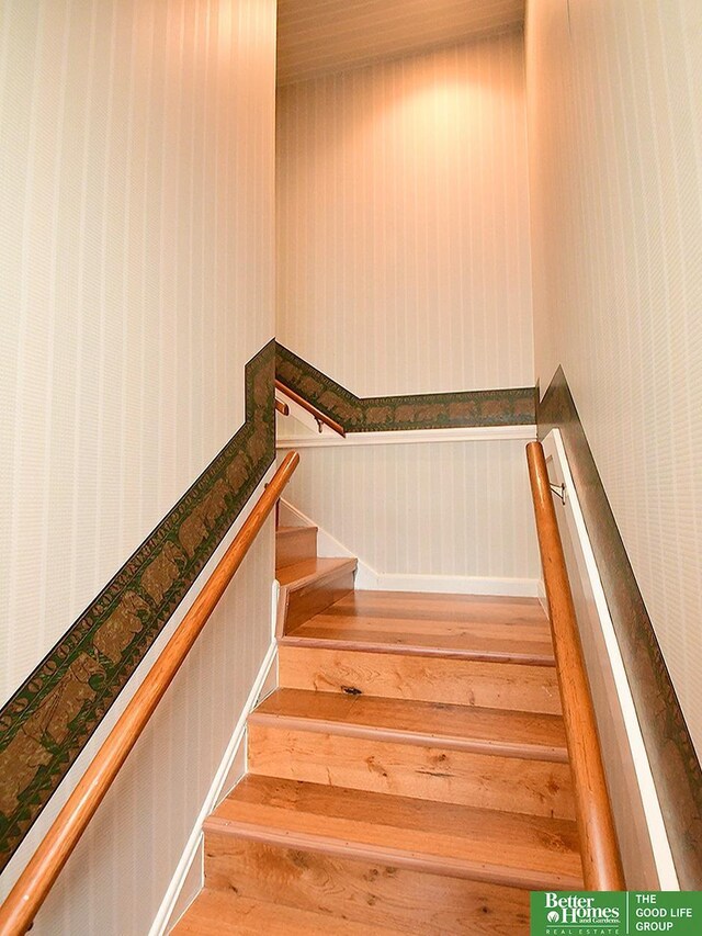 600 Ridgewood Ave, Omaha, NE 68114 - staircase featuring wallpapered walls, wainscoting, and wood finished floors