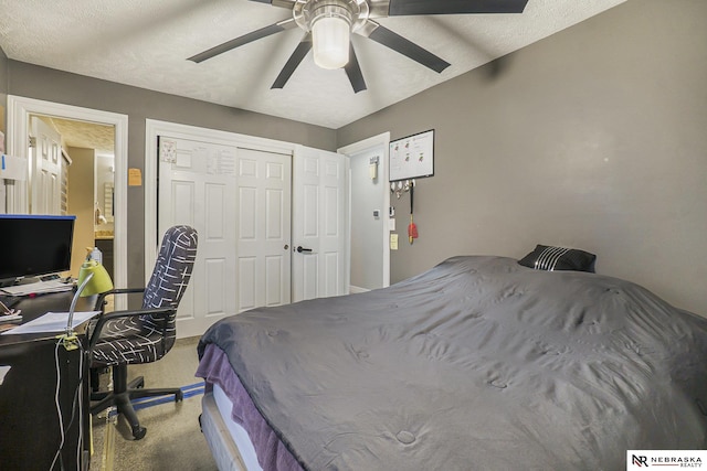 bedroom with a closet, ceiling fan, and carpet