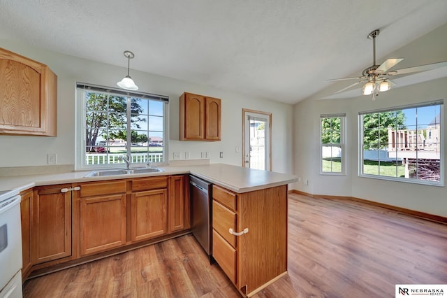 1521 Morton St, Lincoln, NE 68521 - kitchen with a sink, dishwasher, lofted ceiling, a peninsula, and light wood-style flooring