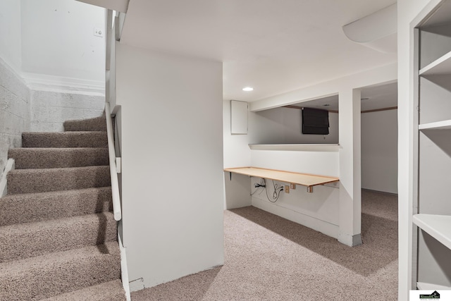 1500 Burnham St, Lincoln, NE 68502 - staircase featuring carpet floors and recessed lighting