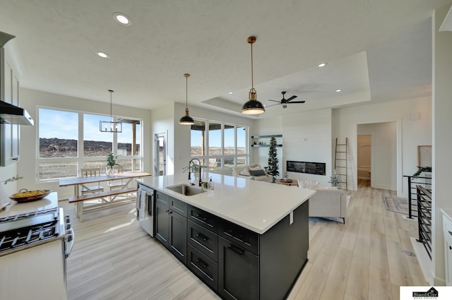 kitchen with a raised ceiling, ceiling fan, white gas stove, and a sink