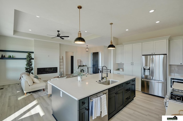 kitchen with light wood finished floors, a sink, appliances with stainless steel finishes, and a tray ceiling