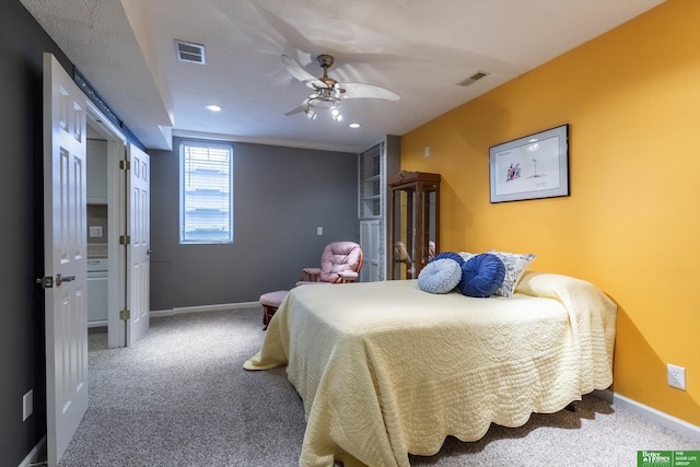 carpeted bedroom with recessed lighting, a ceiling fan, visible vents, and baseboards