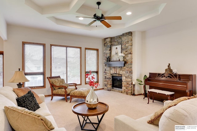 5210 S 165th St, Omaha, NE 68135 - living room featuring light colored carpet, a ceiling fan, coffered ceiling, and recessed lighting