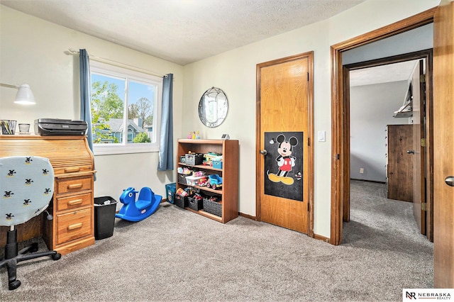 home office with carpet floors, baseboards, and a textured ceiling