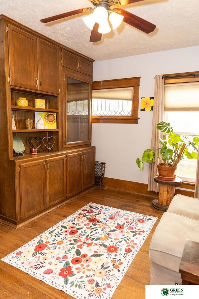 650 E 9th St, York, NE 68467 - living room featuring wood finished floors, ceiling fan, and baseboards