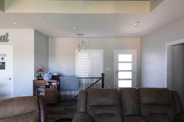 living room with recessed lighting and wood finished floors