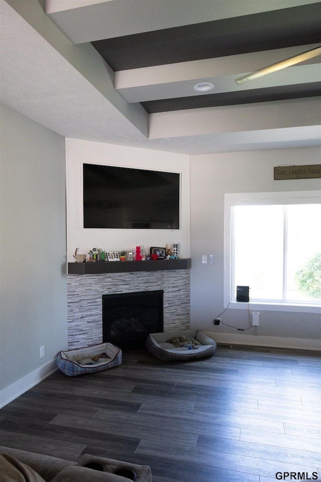living room with wood finished floors, a fireplace, and baseboards