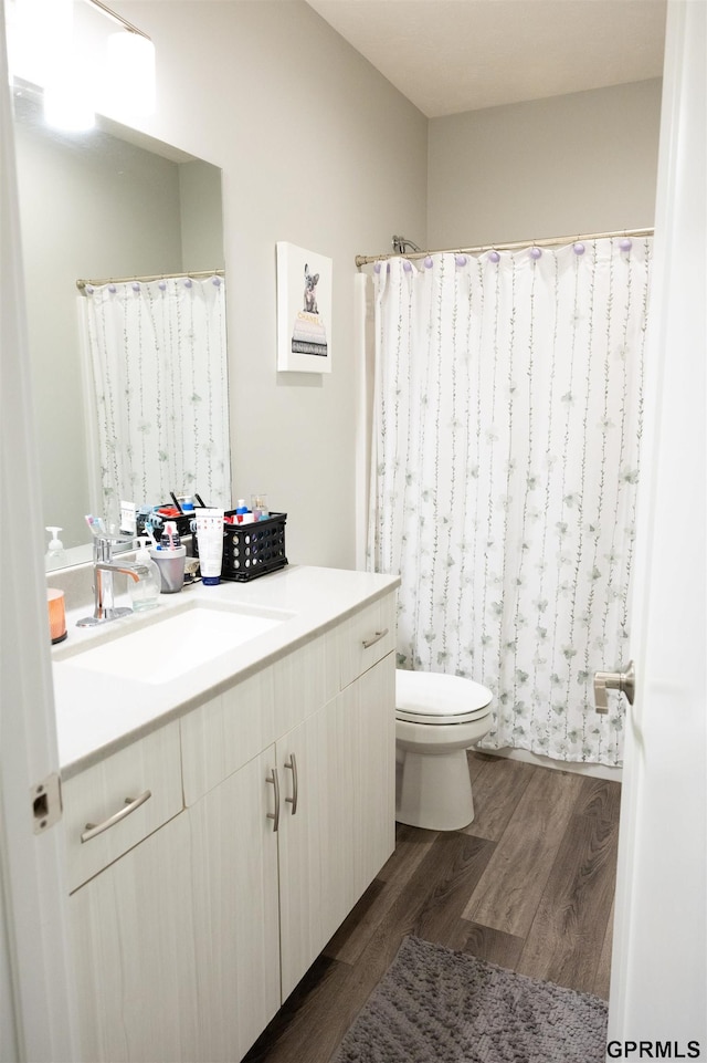 bathroom with toilet, vanity, and wood finished floors