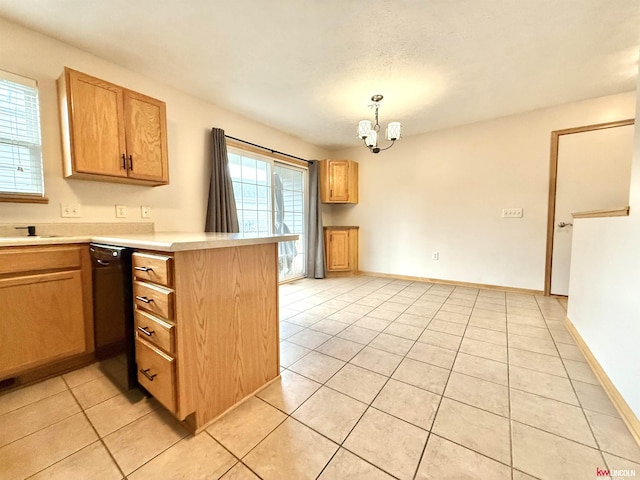 kitchen featuring a chandelier, light countertops, light tile patterned flooring, dishwasher, and a peninsula