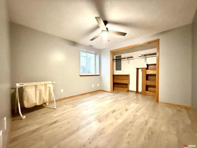 unfurnished bedroom featuring visible vents, a ceiling fan, light wood-style flooring, and baseboards