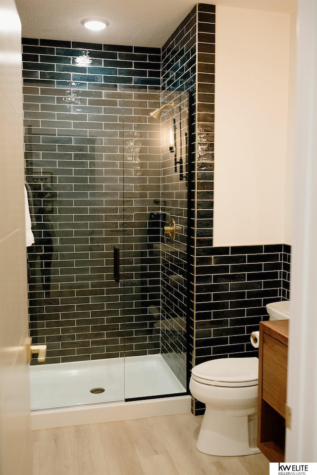 bathroom featuring vanity, tile walls, toilet, and a shower stall