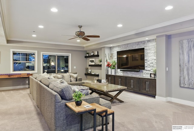 living area with light colored carpet, recessed lighting, ceiling fan, and crown molding