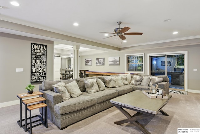 living room featuring recessed lighting, a ceiling fan, light colored carpet, and baseboards