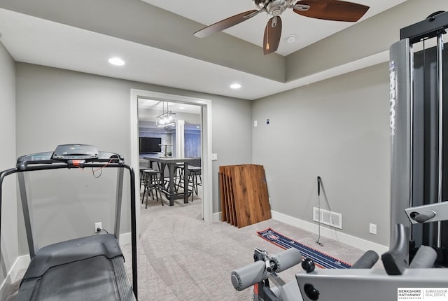 workout area with carpet, a ceiling fan, recessed lighting, and visible vents