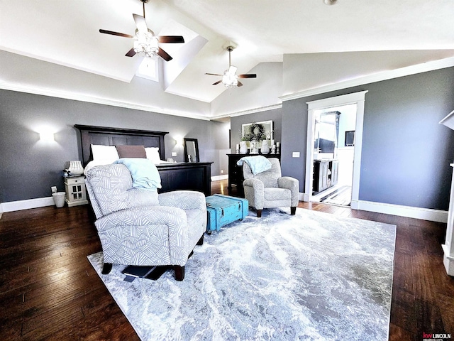 bedroom with wood finished floors, a ceiling fan, high vaulted ceiling, and baseboards