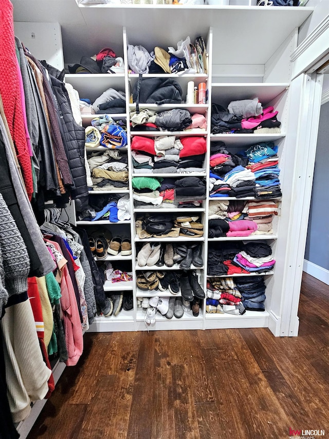 walk in closet with wood finished floors