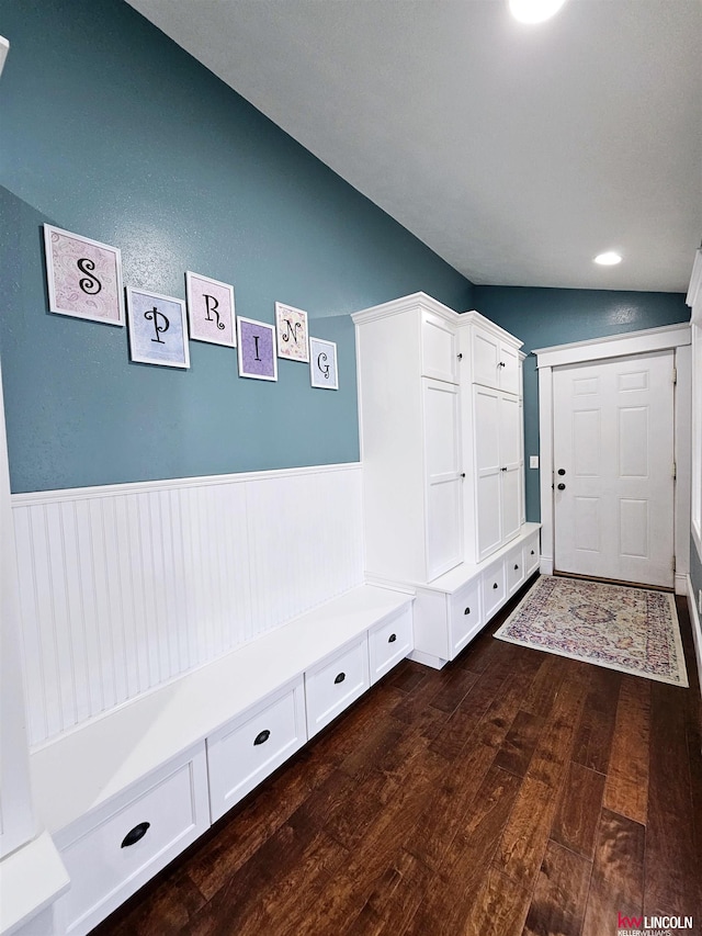 mudroom featuring a wainscoted wall and dark wood-style flooring