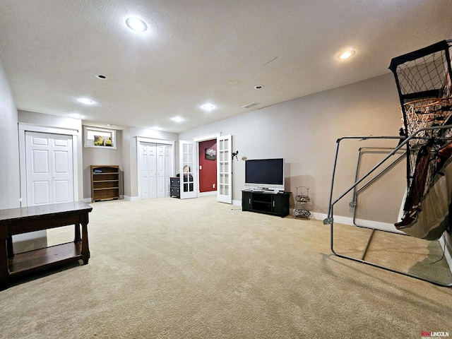 basement featuring carpet floors, recessed lighting, and baseboards