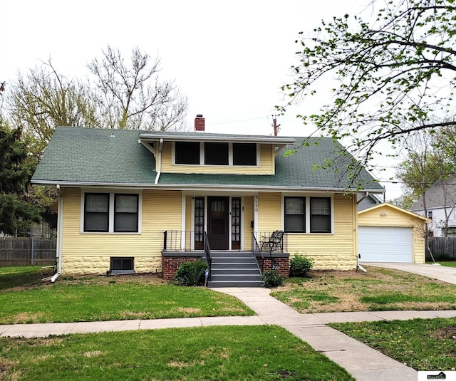 bungalow-style house featuring a porch, a front yard, a shingled roof, an outdoor structure, and a chimney