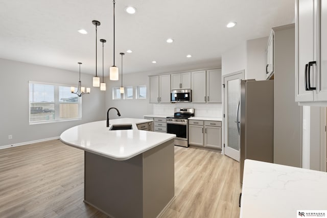 kitchen with an island with sink, light wood-style flooring, decorative backsplash, stainless steel appliances, and a sink