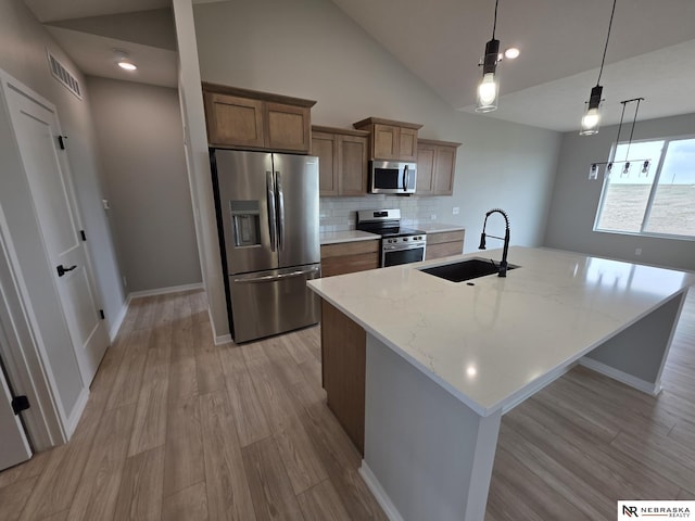 kitchen with a sink, visible vents, stainless steel appliances, a center island with sink, and backsplash
