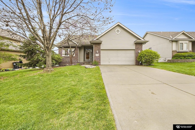 ranch-style house featuring a garage, driveway, a front lawn, and brick siding