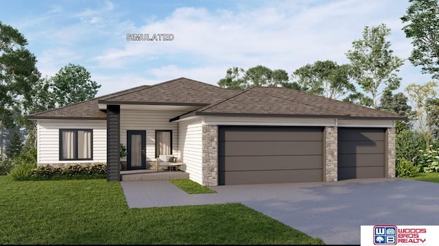 view of front of house featuring a shingled roof, a garage, stone siding, a front lawn, and concrete driveway