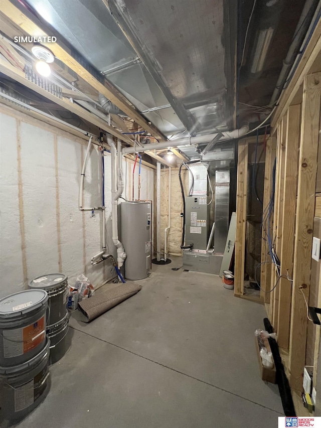 unfinished basement featuring water heater and heating unit