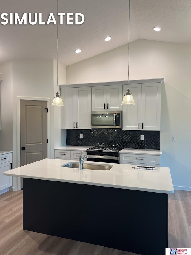 kitchen with light wood-type flooring, stainless steel appliances, and light countertops