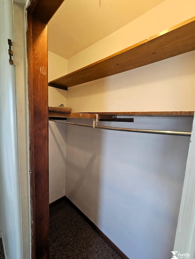 spacious closet featuring dark carpet