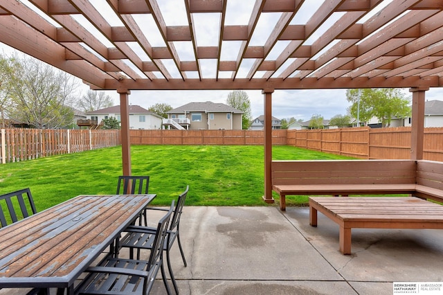 view of patio with a fenced backyard, a pergola, and outdoor dining space
