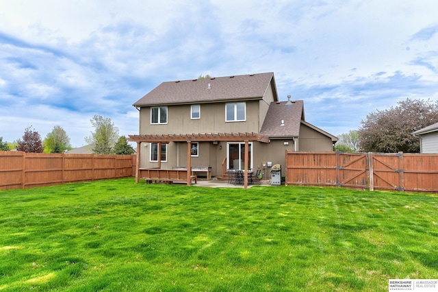 back of property with a fenced backyard, a gate, a patio, and a pergola