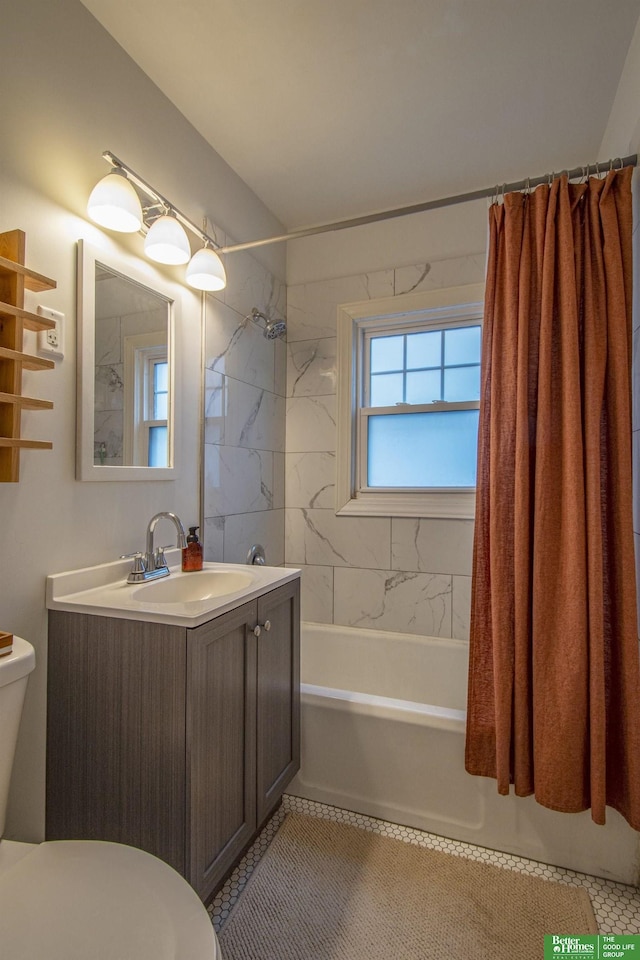 bathroom with shower / bath combo, toilet, tile patterned flooring, and vanity