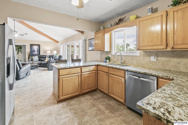 kitchen with a sink, a peninsula, a ceiling fan, plenty of natural light, and appliances with stainless steel finishes