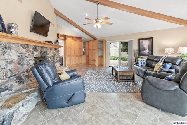 living room featuring a fireplace, ceiling fan, high vaulted ceiling, and beam ceiling
