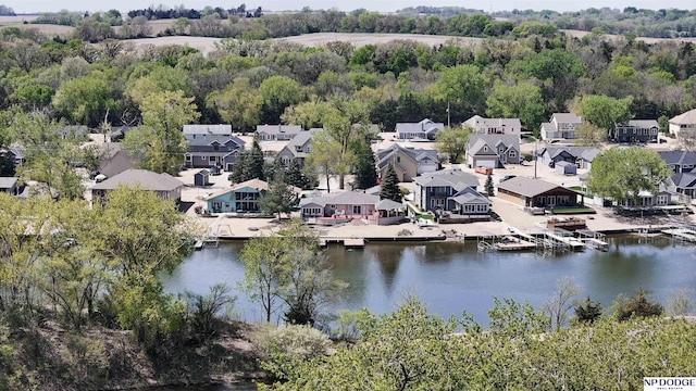 aerial view featuring a water view and a residential view