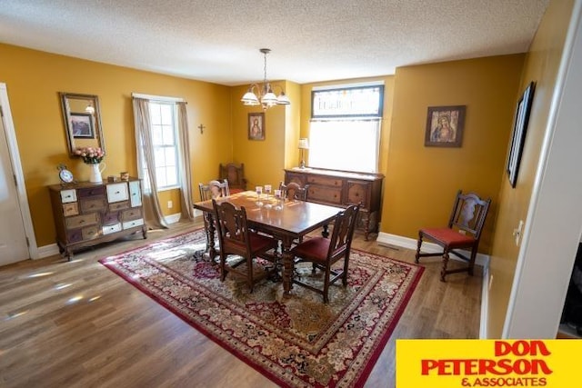 dining room with a textured ceiling, a notable chandelier, wood finished floors, and a healthy amount of sunlight