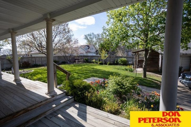deck featuring a yard and a fenced backyard