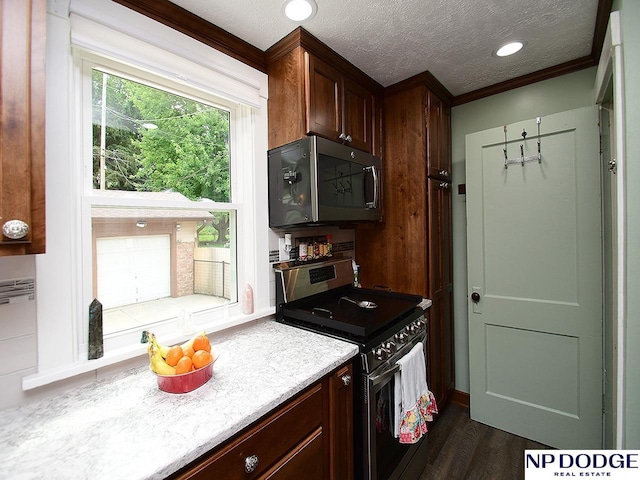 3615 N 60th St, Omaha, NE 68104 - kitchen with electric range, dark wood finished floors, a textured ceiling, and ornamental molding
