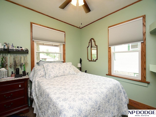 3615 N 60th St, Omaha, NE 68104 - bedroom featuring ornamental molding, dark wood finished floors, and ceiling fan