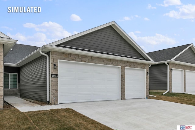 exterior space featuring roof with shingles, an attached garage, concrete driveway, and stone siding