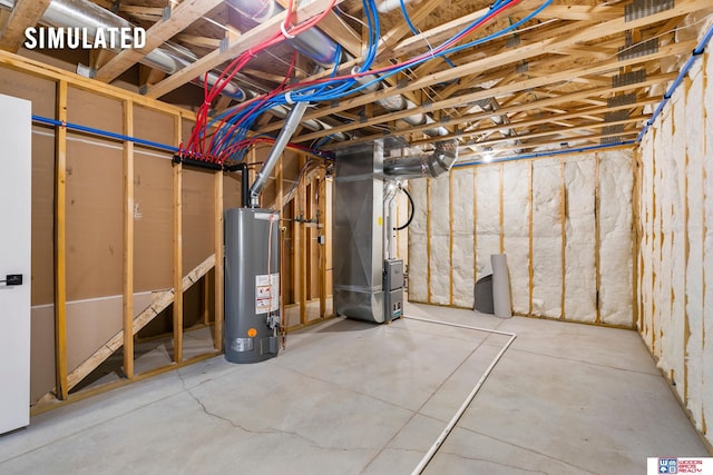 unfinished basement with heating unit and gas water heater