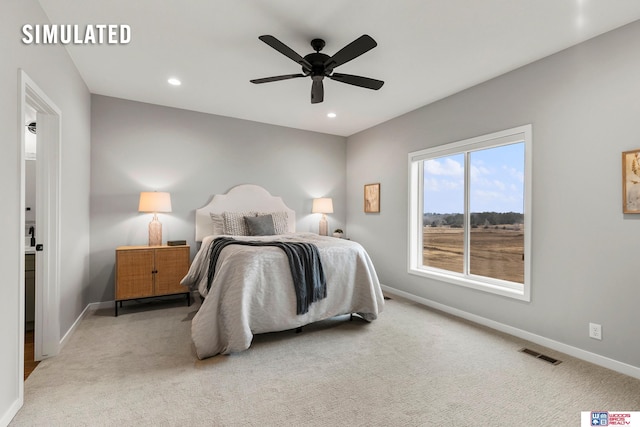 carpeted bedroom featuring baseboards, recessed lighting, ceiling fan, and visible vents
