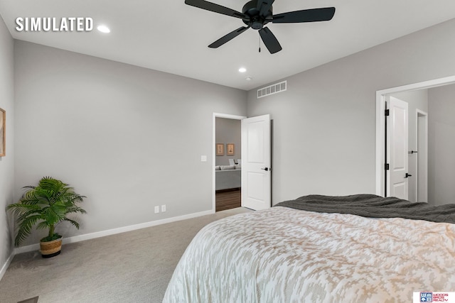 carpeted bedroom featuring recessed lighting, baseboards, and visible vents