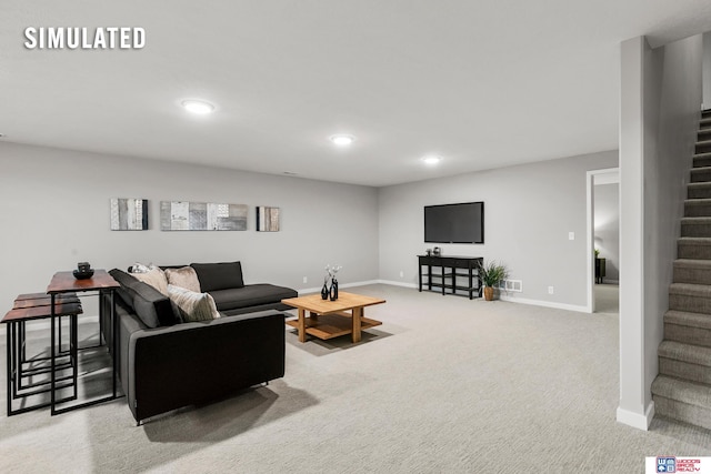 living area with stairway, baseboards, and recessed lighting